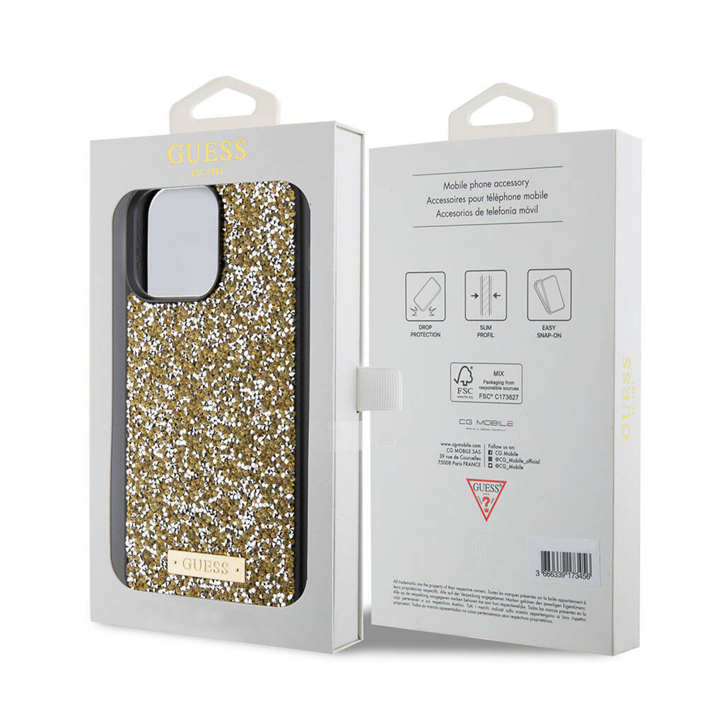 iPhone 15 Pro Max Kılıf Guess Orjinal Lisanslı Taşlı Arka Yüzey Metal Yazı Logolu Kapak