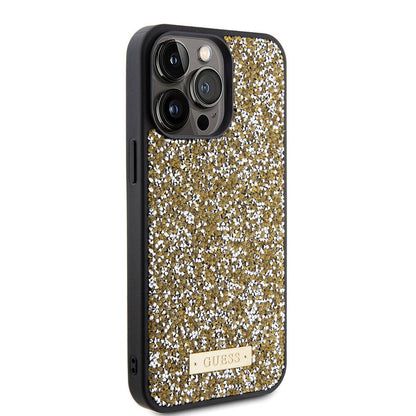 iPhone 15 Pro Max Kılıf Guess Orjinal Lisanslı Taşlı Arka Yüzey Metal Yazı Logolu Kapak
