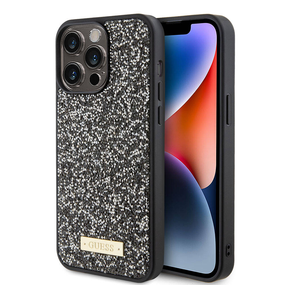 iPhone 15 Pro Max Kılıf Guess Orjinal Lisanslı Taşlı Arka Yüzey Metal Yazı Logolu Kapak