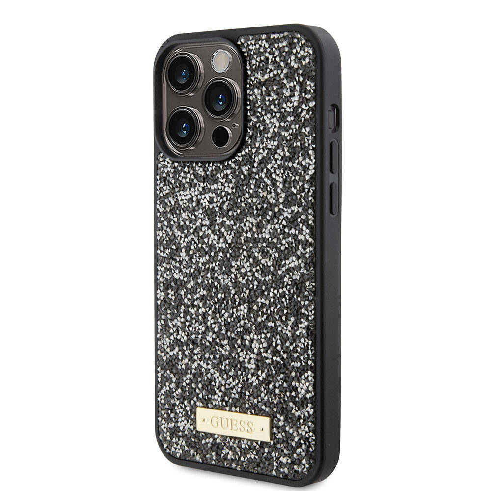 iPhone 15 Pro Max Kılıf Guess Orjinal Lisanslı Taşlı Arka Yüzey Metal Yazı Logolu Kapak