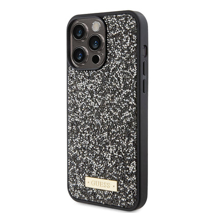 iPhone 15 Pro Max Kılıf Guess Orjinal Lisanslı Taşlı Arka Yüzey Metal Yazı Logolu Kapak