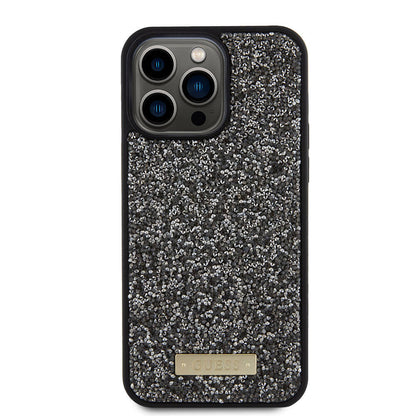 iPhone 15 Pro Max Kılıf Guess Orjinal Lisanslı Taşlı Arka Yüzey Metal Yazı Logolu Kapak
