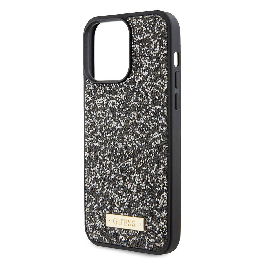 iPhone 15 Pro Max Kılıf Guess Orjinal Lisanslı Taşlı Arka Yüzey Metal Yazı Logolu Kapak