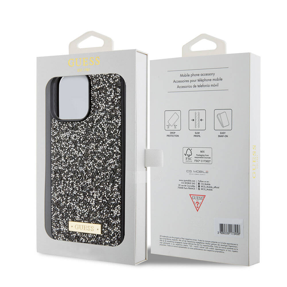 iPhone 15 Pro Max Kılıf Guess Orjinal Lisanslı Taşlı Arka Yüzey Metal Yazı Logolu Kapak