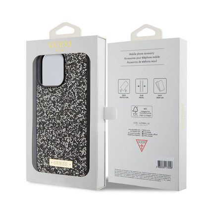 iPhone 15 Pro Max Kılıf Guess Orjinal Lisanslı Taşlı Arka Yüzey Metal Yazı Logolu Kapak