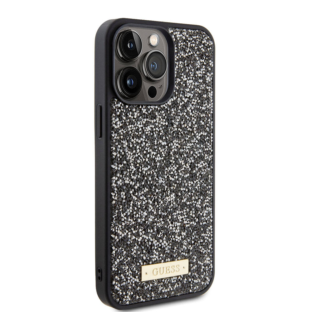 iPhone 15 Pro Max Kılıf Guess Orjinal Lisanslı Taşlı Arka Yüzey Metal Yazı Logolu Kapak