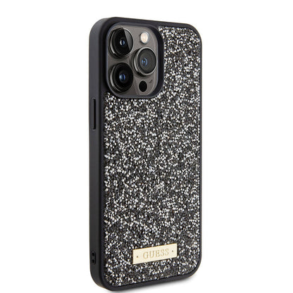 iPhone 15 Pro Max Kılıf Guess Orjinal Lisanslı Taşlı Arka Yüzey Metal Yazı Logolu Kapak