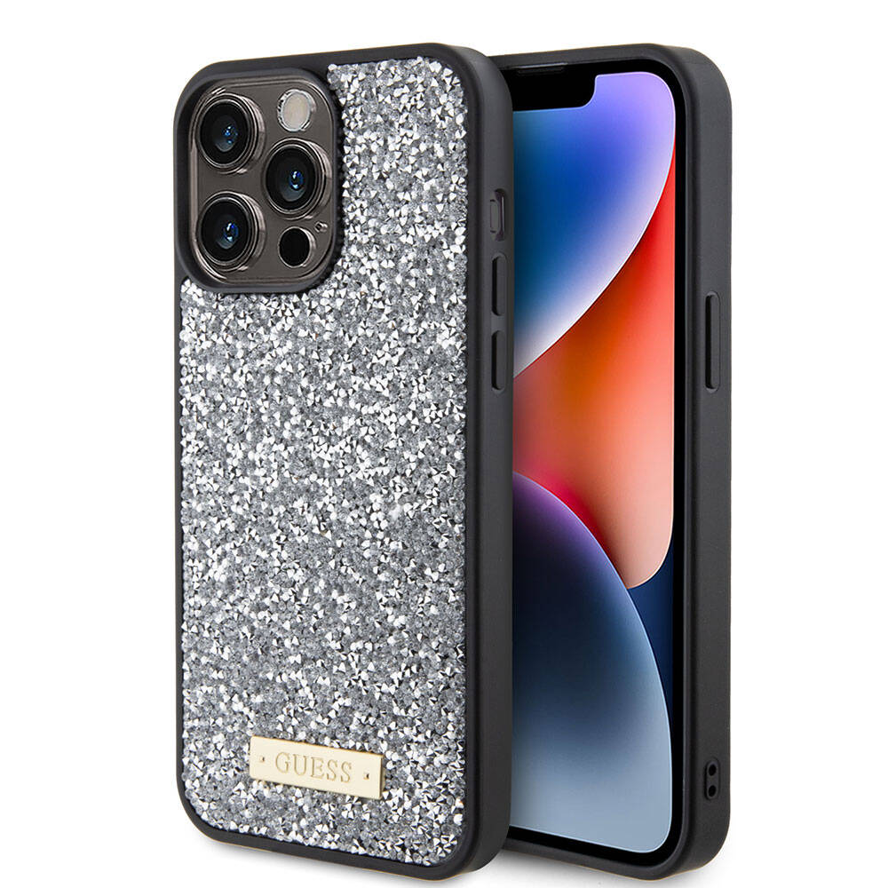 iPhone 15 Pro Max Kılıf Guess Orjinal Lisanslı Taşlı Arka Yüzey Metal Yazı Logolu Kapak