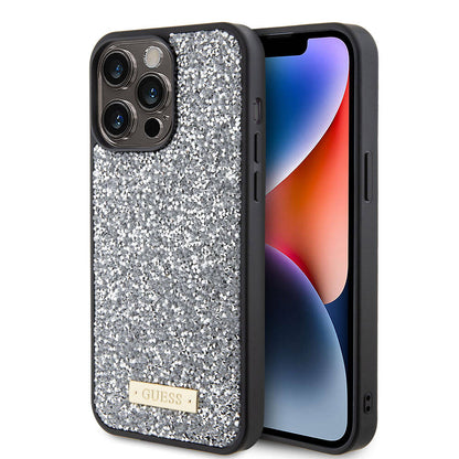 iPhone 15 Pro Max Kılıf Guess Orjinal Lisanslı Taşlı Arka Yüzey Metal Yazı Logolu Kapak