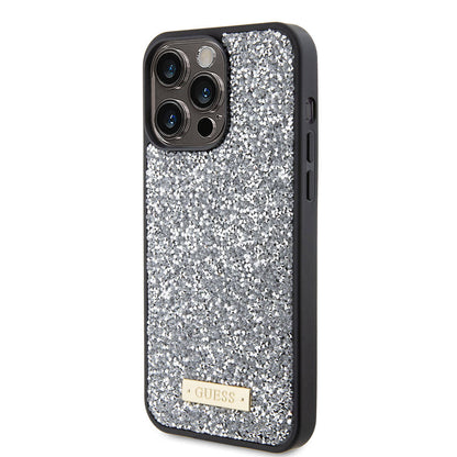 iPhone 15 Pro Max Kılıf Guess Orjinal Lisanslı Taşlı Arka Yüzey Metal Yazı Logolu Kapak