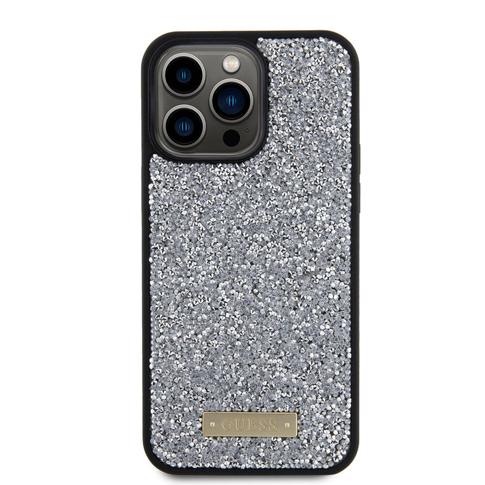 iPhone 15 Pro Max Kılıf Guess Orjinal Lisanslı Taşlı Arka Yüzey Metal Yazı Logolu Kapak