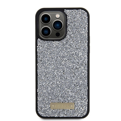iPhone 15 Pro Max Kılıf Guess Orjinal Lisanslı Taşlı Arka Yüzey Metal Yazı Logolu Kapak