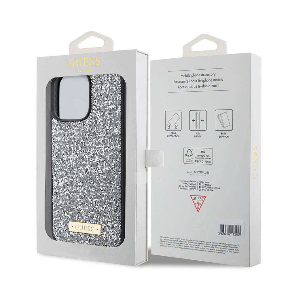 iPhone 15 Pro Max Kılıf Guess Orjinal Lisanslı Taşlı Arka Yüzey Metal Yazı Logolu Kapak