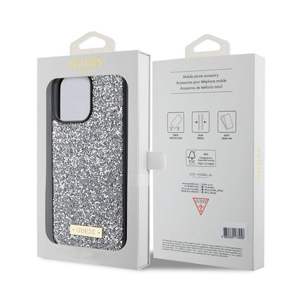 iPhone 15 Pro Max Kılıf Guess Orjinal Lisanslı Taşlı Arka Yüzey Metal Yazı Logolu Kapak