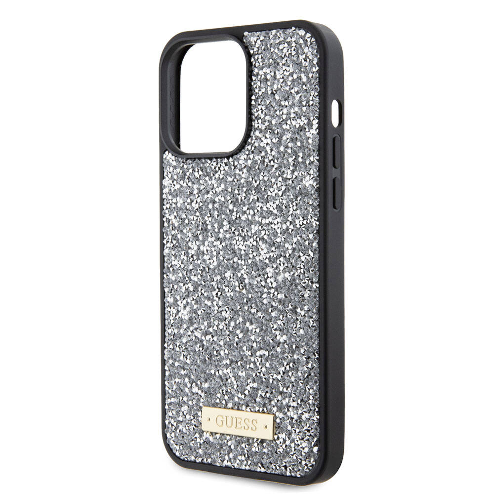 iPhone 15 Pro Max Kılıf Guess Orjinal Lisanslı Taşlı Arka Yüzey Metal Yazı Logolu Kapak