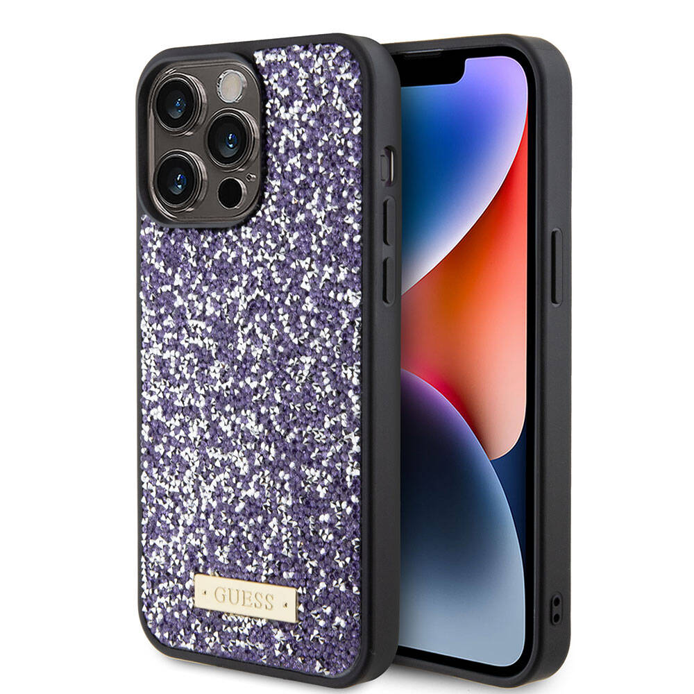 iPhone 15 Pro Max Kılıf Guess Orjinal Lisanslı Taşlı Arka Yüzey Metal Yazı Logolu Kapak