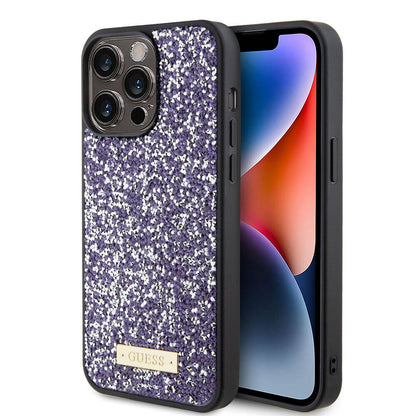 iPhone 15 Pro Max Kılıf Guess Orjinal Lisanslı Taşlı Arka Yüzey Metal Yazı Logolu Kapak