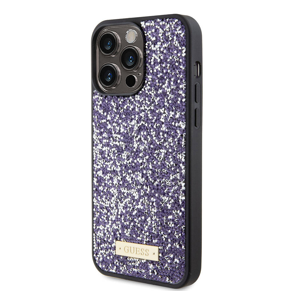 iPhone 15 Pro Max Kılıf Guess Orjinal Lisanslı Taşlı Arka Yüzey Metal Yazı Logolu Kapak