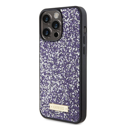 iPhone 15 Pro Max Kılıf Guess Orjinal Lisanslı Taşlı Arka Yüzey Metal Yazı Logolu Kapak