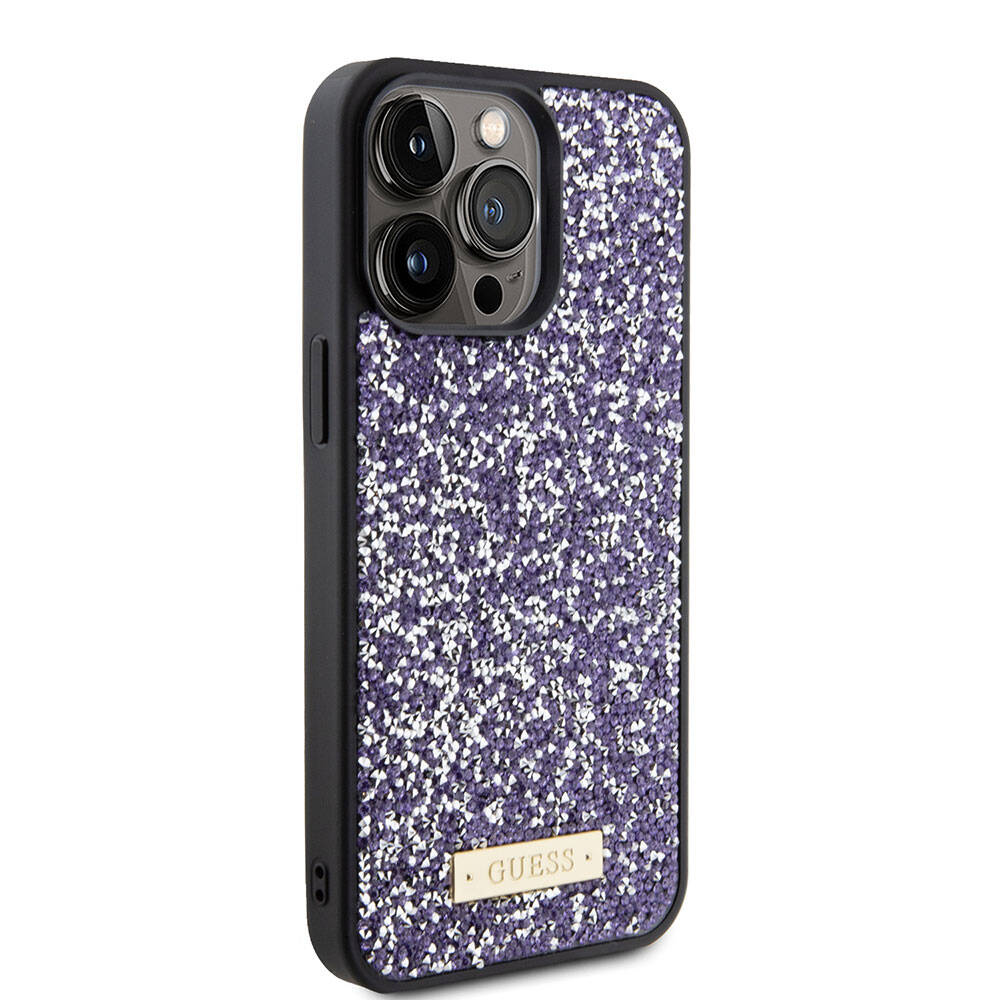 iPhone 15 Pro Max Kılıf Guess Orjinal Lisanslı Taşlı Arka Yüzey Metal Yazı Logolu Kapak