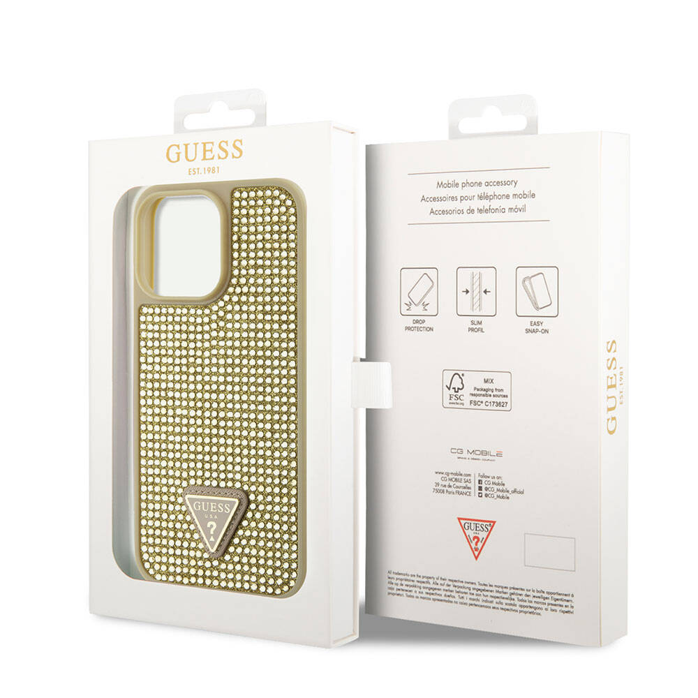 iPhone 15 Pro Max Kılıf Guess Orjinal Lisanslı Taşlı Arka Yüzey Üçgen Logolu Kapak