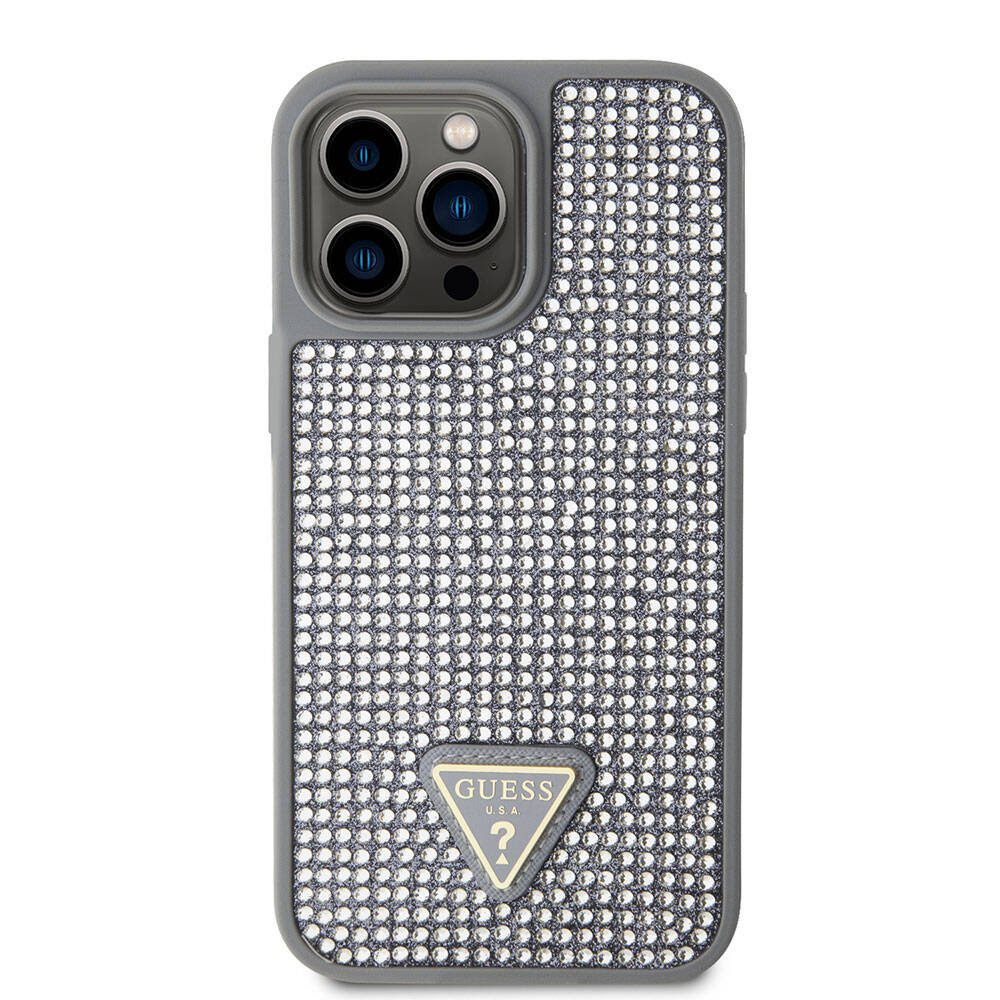 iPhone 15 Pro Max Kılıf Guess Orjinal Lisanslı Taşlı Arka Yüzey Üçgen Logolu Kapak