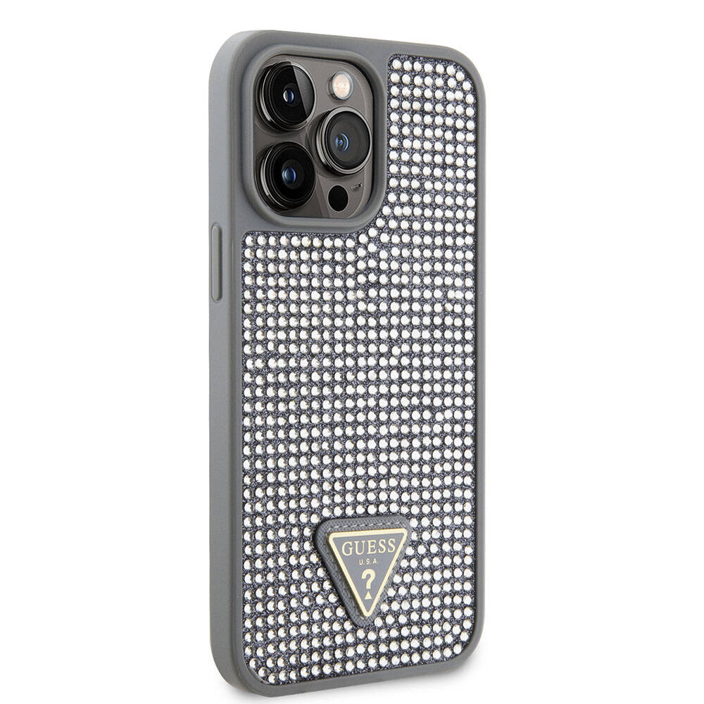 iPhone 15 Pro Max Kılıf Guess Orjinal Lisanslı Taşlı Arka Yüzey Üçgen Logolu Kapak