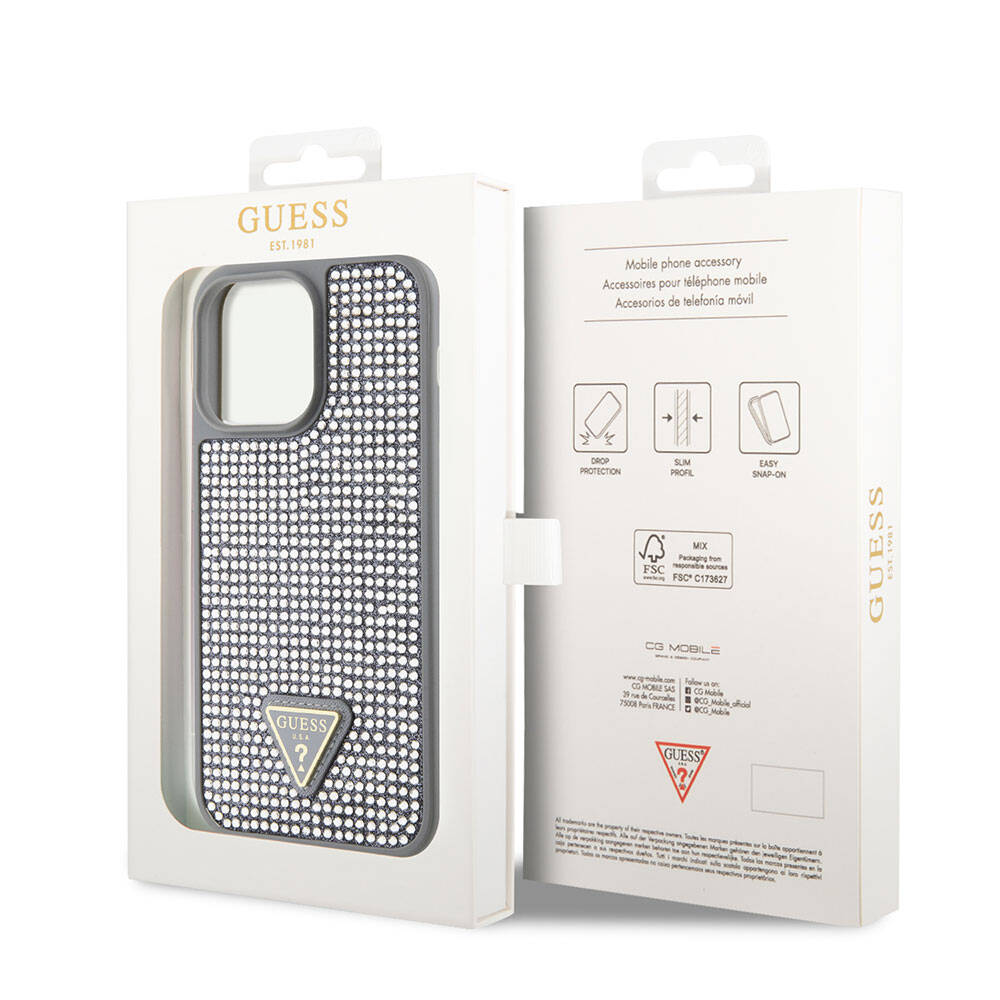 iPhone 15 Pro Max Kılıf Guess Orjinal Lisanslı Taşlı Arka Yüzey Üçgen Logolu Kapak