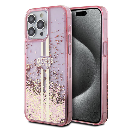 iPhone 15 Pro Max Kılıf Guess Orjinal Lisanslı Transparan Sıvılı Simli Altın Çizgili Kapak