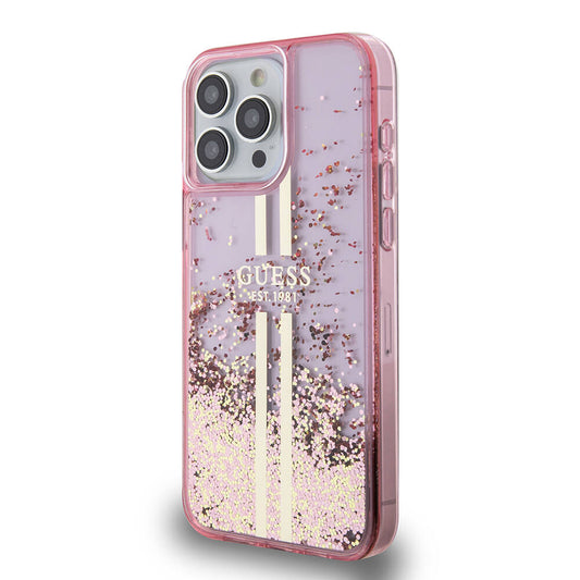 iPhone 15 Pro Max Kılıf Guess Orjinal Lisanslı Transparan Sıvılı Simli Altın Çizgili Kapak