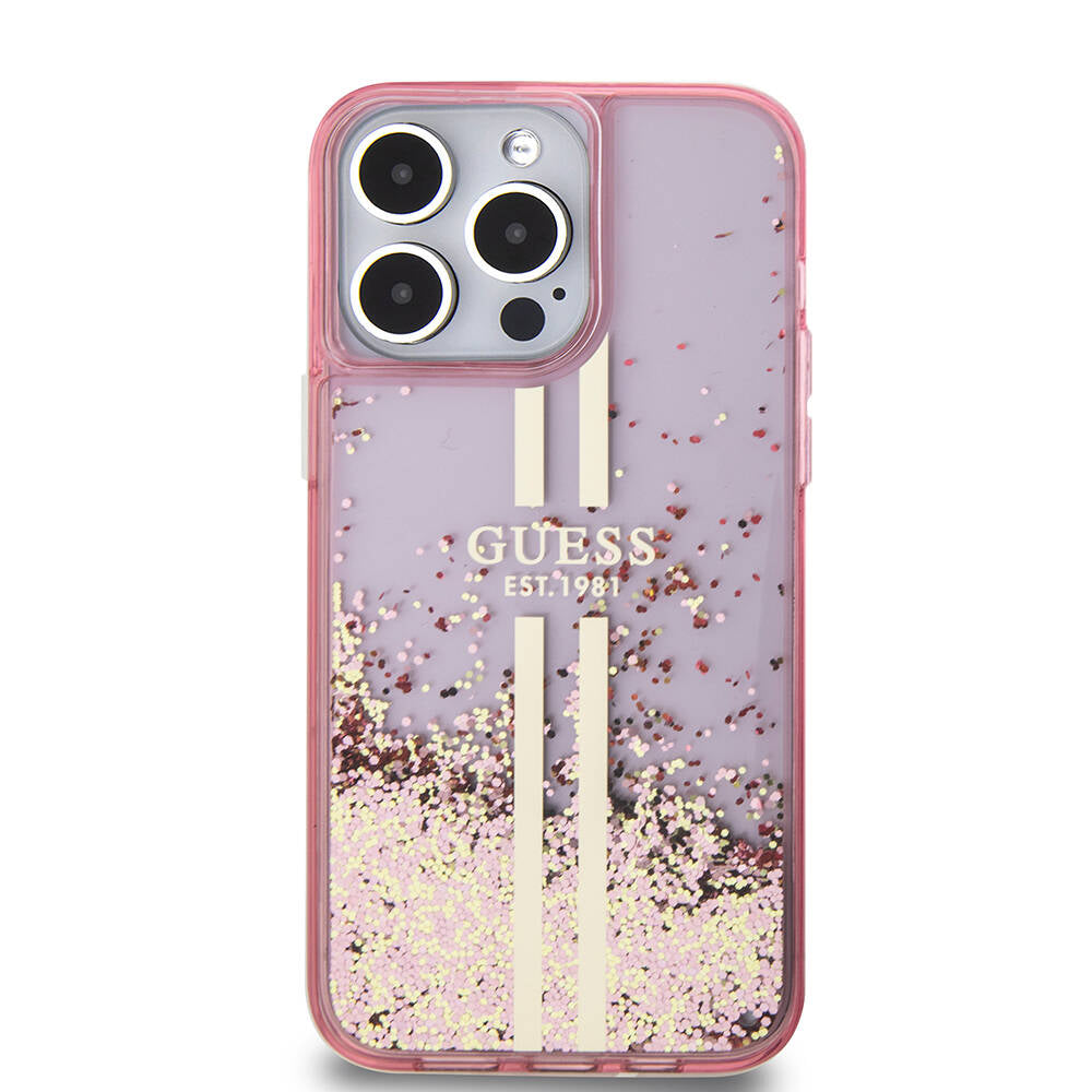 iPhone 15 Pro Max Kılıf Guess Orjinal Lisanslı Transparan Sıvılı Simli Altın Çizgili Kapak