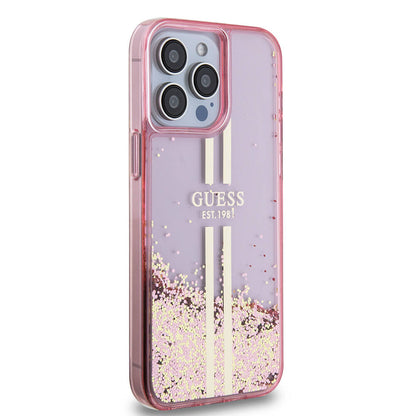 iPhone 15 Pro Max Kılıf Guess Orjinal Lisanslı Transparan Sıvılı Simli Altın Çizgili Kapak