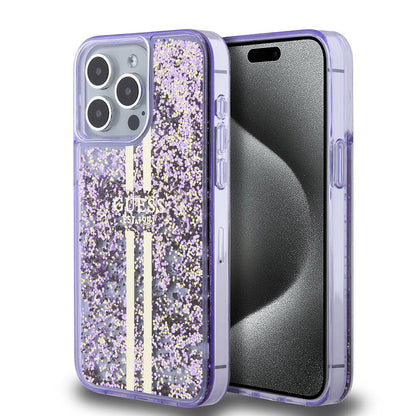 iPhone 15 Pro Max Kılıf Guess Orjinal Lisanslı Transparan Sıvılı Simli Altın Çizgili Kapak