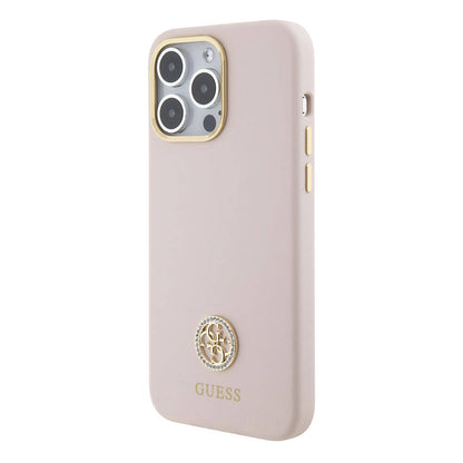iPhone 15 Pro Max Kılıf Guess Orjinal Lisanslı Yazı ve Taşlı 4G Logolu Metal Kamera Çerçeveli Silikon Kapak