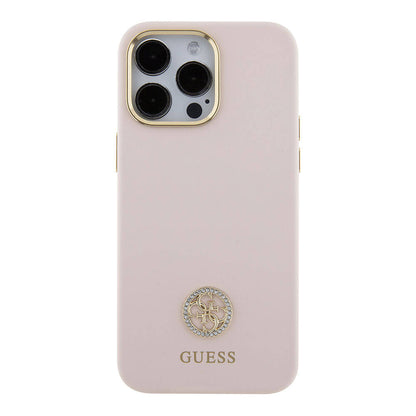 iPhone 15 Pro Max Kılıf Guess Orjinal Lisanslı Yazı ve Taşlı 4G Logolu Metal Kamera Çerçeveli Silikon Kapak