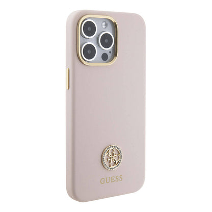 iPhone 15 Pro Max Kılıf Guess Orjinal Lisanslı Yazı ve Taşlı 4G Logolu Metal Kamera Çerçeveli Silikon Kapak
