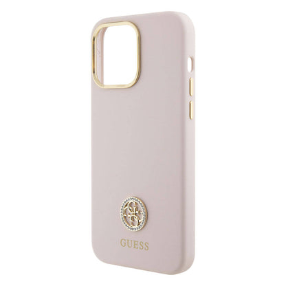 iPhone 15 Pro Max Kılıf Guess Orjinal Lisanslı Yazı ve Taşlı 4G Logolu Metal Kamera Çerçeveli Silikon Kapak