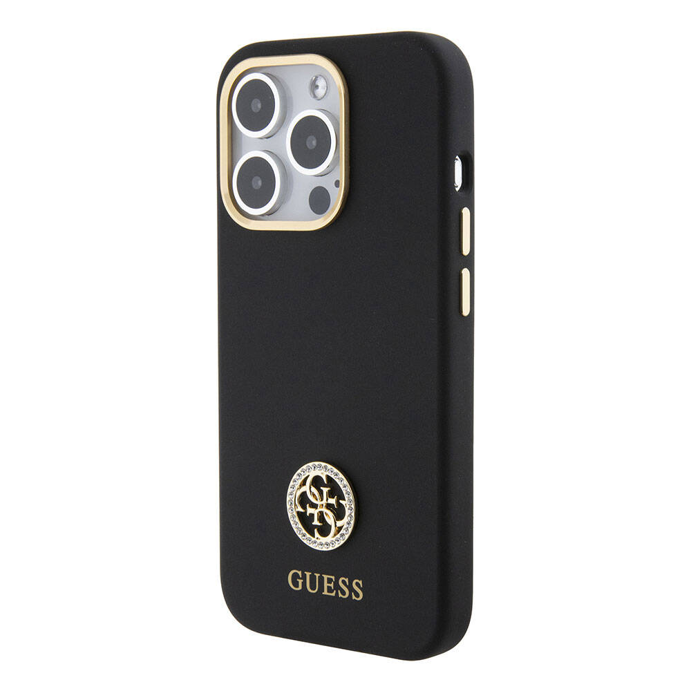 iPhone 15 Pro Max Kılıf Guess Orjinal Lisanslı Yazı ve Taşlı 4G Logolu Metal Kamera Çerçeveli Silikon Kapak