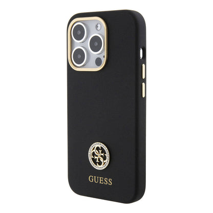 iPhone 15 Pro Max Kılıf Guess Orjinal Lisanslı Yazı ve Taşlı 4G Logolu Metal Kamera Çerçeveli Silikon Kapak