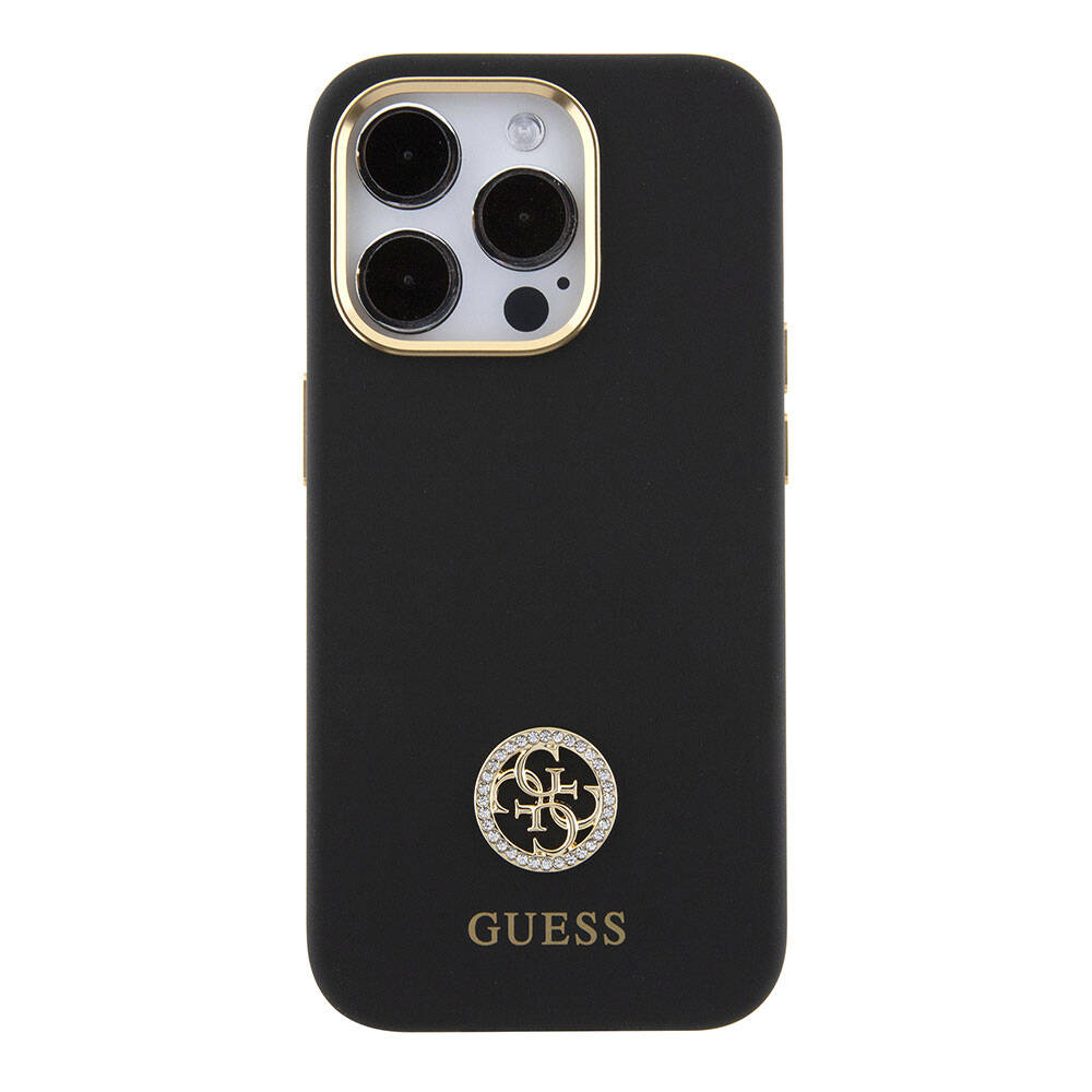 iPhone 15 Pro Max Kılıf Guess Orjinal Lisanslı Yazı ve Taşlı 4G Logolu Metal Kamera Çerçeveli Silikon Kapak