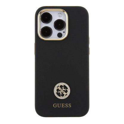 iPhone 15 Pro Max Kılıf Guess Orjinal Lisanslı Yazı ve Taşlı 4G Logolu Metal Kamera Çerçeveli Silikon Kapak