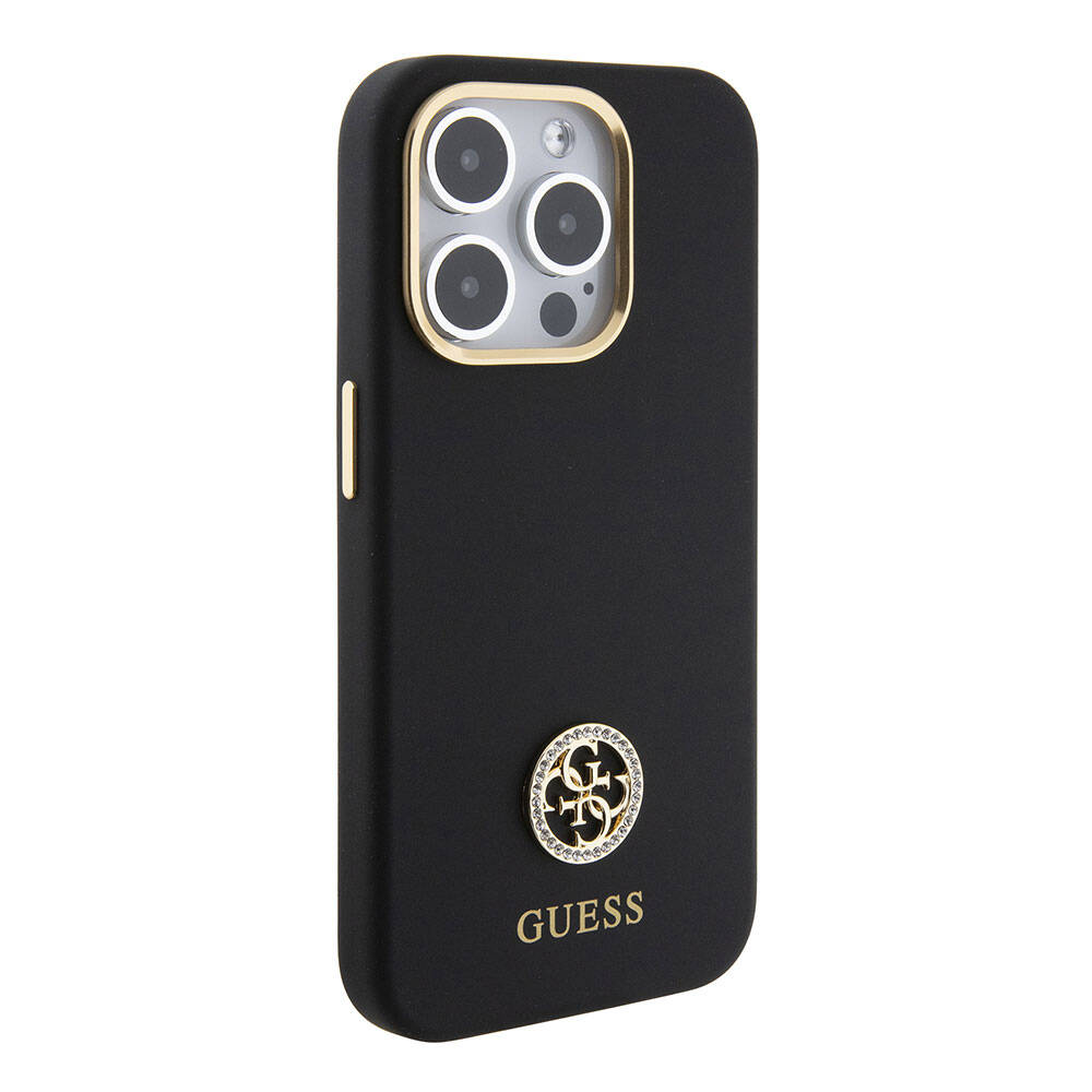 iPhone 15 Pro Max Kılıf Guess Orjinal Lisanslı Yazı ve Taşlı 4G Logolu Metal Kamera Çerçeveli Silikon Kapak