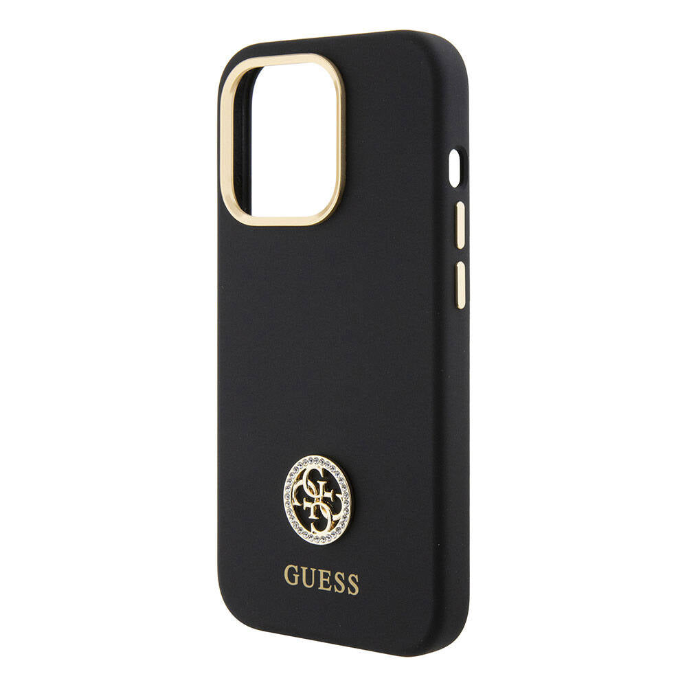 iPhone 15 Pro Max Kılıf Guess Orjinal Lisanslı Yazı ve Taşlı 4G Logolu Metal Kamera Çerçeveli Silikon Kapak