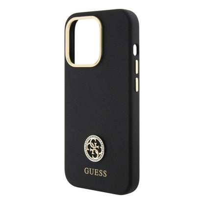 iPhone 15 Pro Max Kılıf Guess Orjinal Lisanslı Yazı ve Taşlı 4G Logolu Metal Kamera Çerçeveli Silikon Kapak