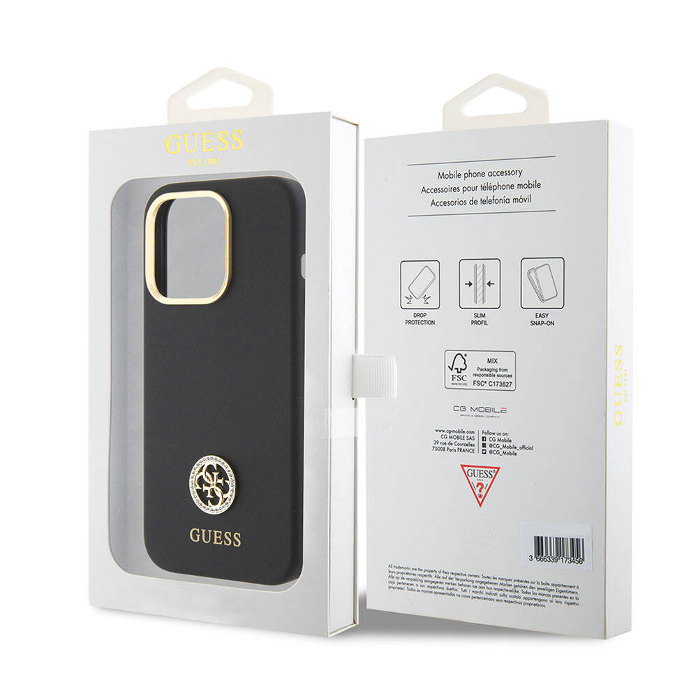 iPhone 15 Pro Max Kılıf Guess Orjinal Lisanslı Yazı ve Taşlı 4G Logolu Metal Kamera Çerçeveli Silikon Kapak
