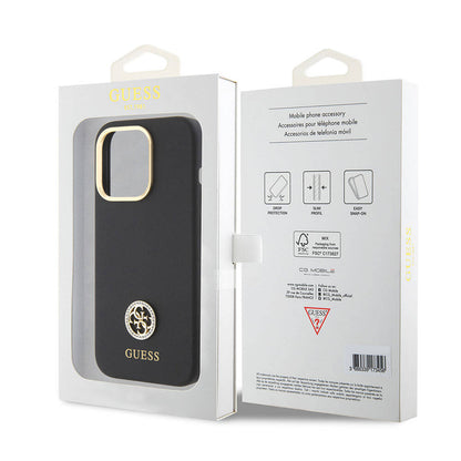 iPhone 15 Pro Max Kılıf Guess Orjinal Lisanslı Yazı ve Taşlı 4G Logolu Metal Kamera Çerçeveli Silikon Kapak