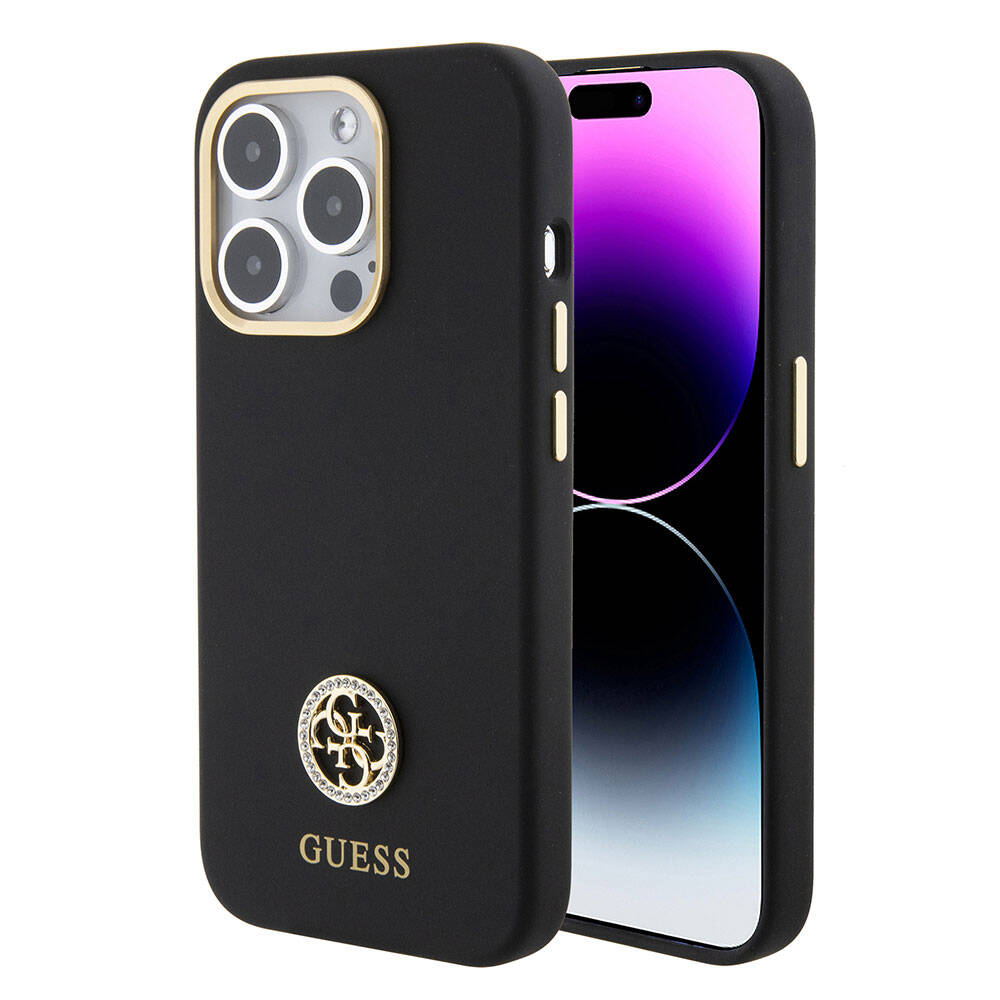 iPhone 15 Pro Max Kılıf Guess Orjinal Lisanslı Yazı ve Taşlı 4G Logolu Metal Kamera Çerçeveli Silikon Kapak