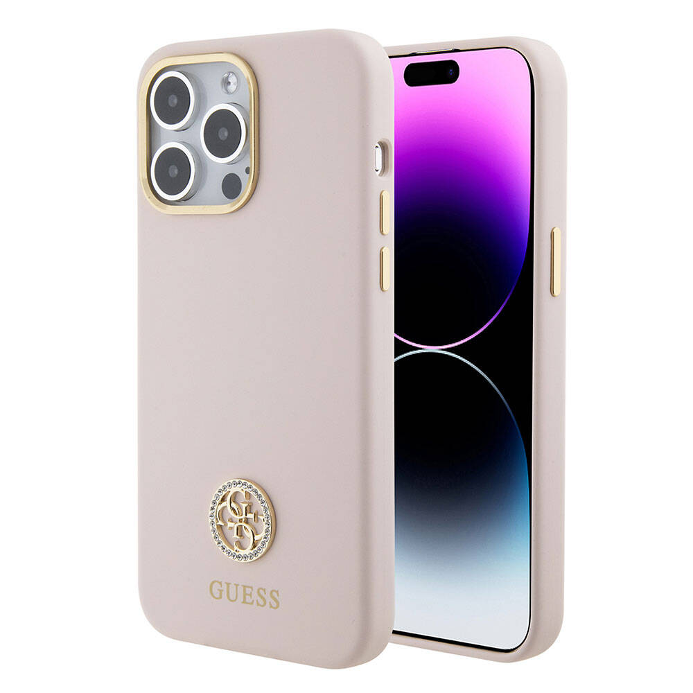 iPhone 15 Pro Max Kılıf Guess Orjinal Lisanslı Yazı ve Taşlı 4G Logolu Metal Kamera Çerçeveli Silikon Kapak