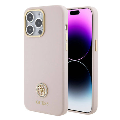 iPhone 15 Pro Max Kılıf Guess Orjinal Lisanslı Yazı ve Taşlı 4G Logolu Metal Kamera Çerçeveli Silikon Kapak
