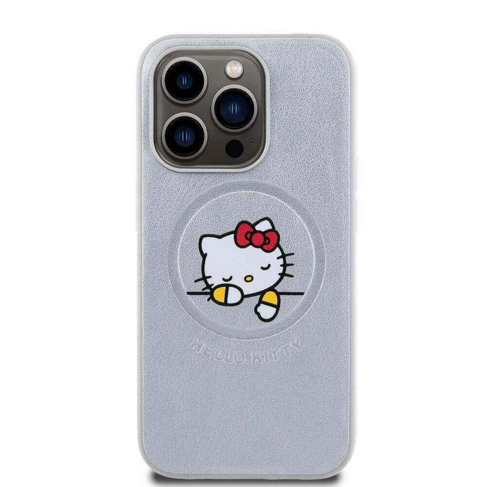 iPhone 15 Pro Max Kılıf Hello Kitty Orjinal Lisanslı M-safe Şarj Özellikli Baskı Logolu Uyuyan Kitty Deri Kapak